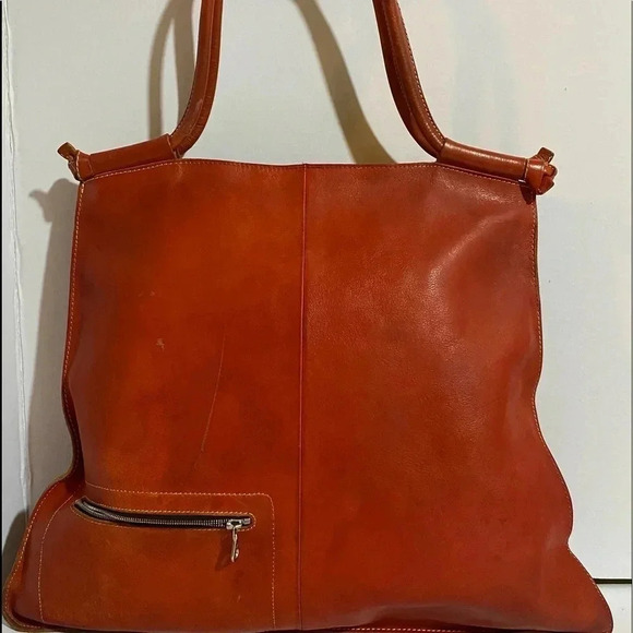 Michael Kon red orange leather satchel handbag - Picture 1 of 16